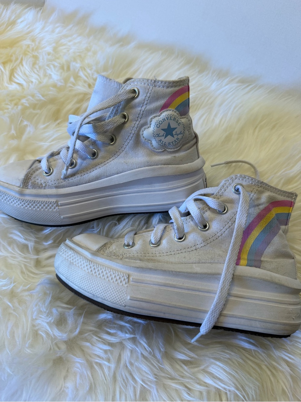 Kids Converse White High-Top Platform Sneakers with Rainbow Stripes